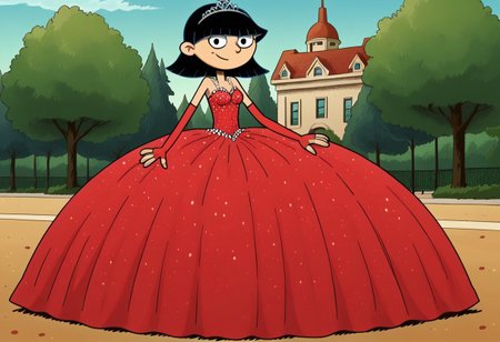 score_9_up,score_8_up,score_7_up,score_6_up,score_5_up,score_4_up BREAK rhonda,black hair, black eyes, bob cut, blunt bangs, Very large red floor length gown, ball gown, rhimestones. She is also wearing a tiara, hoop skirt, dome shape skirt, quinceanera, prom, pageant, long elbow length red fingerless Satin bridal gloves, contrapposto, hand on own hip, park, tree, building,smile,arm at side, leaning to the side, dutch angle, looking at viewer,    <lora:RhondaPony:1>