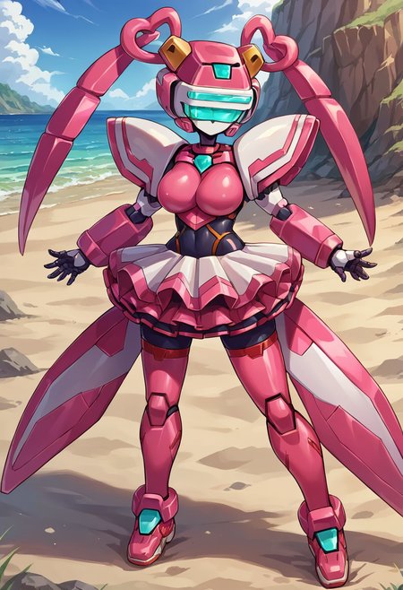 score_9, score_8_up, score_7_up, source_anime, BREAK
<lora:Pochincoff_VirtualOn_V1:1>,Pochincoff_VirtualOn,1 girl, robot, robot joints, armor, bodysuit, colored skin, shiny skin, head_mounted display,  green eyes, thighhighs, mecha skirt, dark skin, 
Pink Armar, Pink Hart, twin tails,
Sunlight, sandy beach, resort, outdoors,