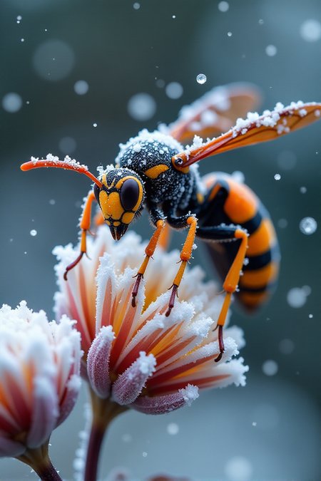 Capture a dramatic macro photograph of a giant Asian wasp perched on a frosty flower during a snowfall. The waspâs robust body is covered in a dusting of fine snowflakes and shimmering ice crystals, accentuating the rich orange and black patterns on its exoskeleton. Its powerful wings are partially frozen, catching the diffused, cool light and reflecting subtle highlights, while the textured details of its antennae and segmented legs gripping the icy flower are vividly rendered. Snowflakes are captured mid-air, some tumbling and others settled on the wasp and flower, adding a dynamic energy to the scene.
The frosty flower, with hints of its vibrant color peeking through a delicate layer of ice, provides an intricate backdrop, showcasing veins and textures illuminated by soft lighting. The background fades into blurred tones of muted whites and pale blues, evoking a calm and cold winter atmosphere. The lighting is natural and diffused, highlighting the frosty textures and creating subtle contrasts on the waspâs bold patterns. This composition emphasizes the waspâs formidable presence against the serene yet harsh beauty of a snow-covered environment, blending intricate detail with dramatic stillness.<lora:Sinfully_Stylish_.02_for_FLUX:1>âââ