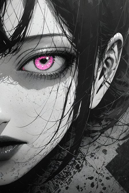(anime, masterpiece, intricate:1.3), (best quality, hires textures, high detail:1.2), (4k),(incredibly detailed:1.4), 1girl, portrait, half of the face,  <lora:Gesundheit:1> manga monochrome, wb, pink eye,  black hair, <lora:GRIM_v1:0.8> greyscale, monochrome, limited palette, horror (theme),  <lora:perfect-eyes:0.8> perfecteyes, dark lettering, blots, neon,  <lora:Expressive_H:0.8> Expressiveh,  <lora:add-detail-xl:1> all