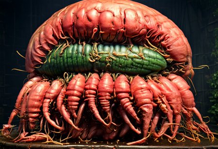A cinematic photograph of a watermelon made of poly acrylic in the shape of a five headed morbidly obese woman, having sex with a yellow crayfish, in the style of Raphael,  Movie Still, Film Still, Cinematic, Cinematic Shot, Cinematic Lighting, JuggernautNegative, biopunkai, Disgusting, Globby, Goo, Yucky, Icky