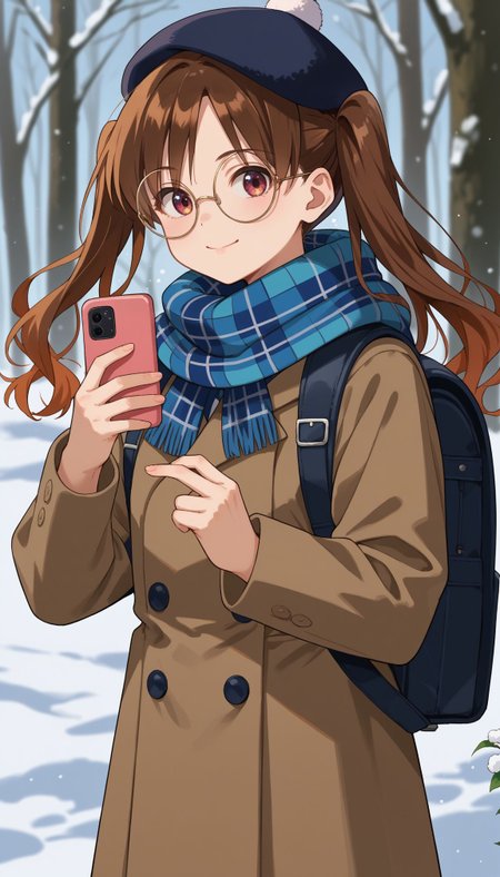 score_9, score_8_up, score_7_up, source_anime, smile, winter, dutch angle, 
 <lora:Ootsuki Yoyoko:0.9> ootsuki_yoyoko, 1girl, hat, long hair, brown hair, twintails, smartphone, long sleeves, round eyewear, rimless eyewear, backpack, miniskirt, closed mouth, plaid scarf, standing, zettai ryouiki, bangs, double-breasted,, blue scarf, , buttons, flower, blurry foreground