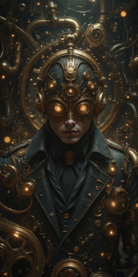 A close-up shot of a steampunk detective's determined face, eyes narrowed as he navigates a labyrinthine network of pulsing pneumatic tubes and whirring gearwheels. The air is thick with the scent of oil and metal as he pursues a cunning clockwork thief through the maze, his trenchcoat fluttering behind him like a dark wing. Flashing lights from the machinery cast an otherworldly glow on the detective's sharp jawline and piercing eyes, as he dashes between rows of hissing pipes and ticking clockwork mechanisms.this image is a masterpiece of photo digital art, perfect for a themed phone wallpaper. 

masterpiece,best quality,official art, extremely detailed 8k wallpaper,absurdres,8k resolution.Midjourney art v2