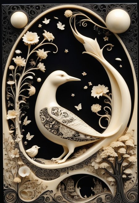 imagine the following: whimsical, magical, dreamy, cute, joyful, dynamic creation, made out of, ebony, ivory, scrimshaw, bone carving, surreal playful juxtaposition surreal, a beautiful example of elegance merged with fairyland