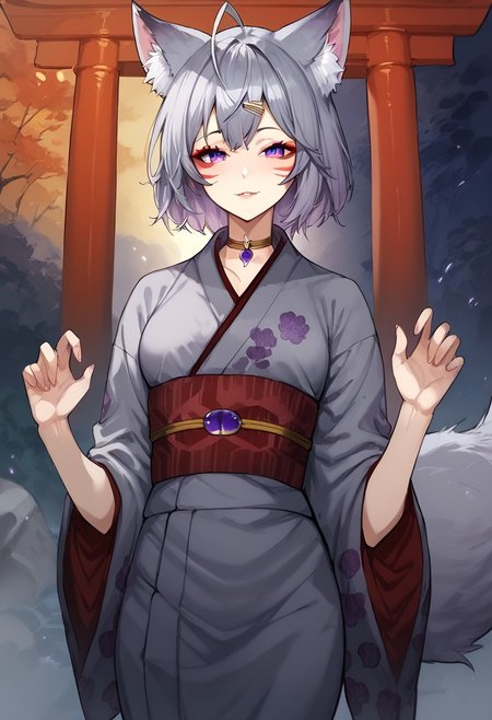 score_9, score_8_up, score_7_up, FlipsieVT, 1girl,fox girl, animal ears, virtual youtuber,fox tail,animal ear fluff,animal ears, fox ears, short hair, grey hair, purple eyes, hair ornament,facial mark,japanese clothes, kimono, sash,obi,torii,[e621] Yasmil style
