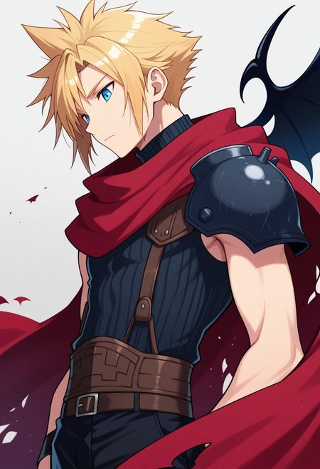 masterpiece,best quality,amazing quality, source_anime,
SoutouKumo, 1boy, male focus, solo, blue eyes, blonde hair, spiked hair, shoulder armor, red cape, torn cape, single wing, sleeveless turtleneck,