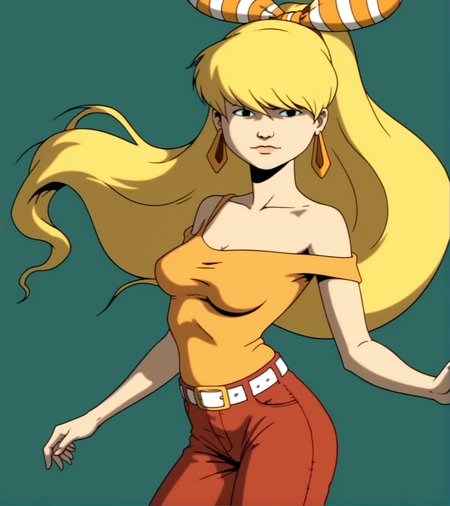 score_9, score_8_up, score_7_up,
1girl, solo, JulieWinters, 
red pants, orange shirt, white belt, earrings, hair bow, 
medium breasts, green background,
cartoon, source_cartoon, 1990s_(style)
<lora:Julie_Winters:1>