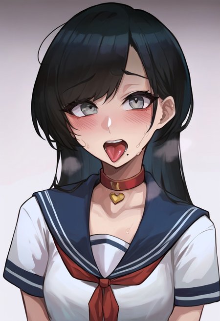 score_9, score_8_up, score_7_up, Mevak_PS, source_anime, hi res, masterpiece, best quality, highres, female focus, red choker, serafuku, blush, open mouth, tongue out, looking at viewer, blue sailor collar, short sleeves, upper body, collarbone, teeth, shirt, heart choker, sweat, neckerchief, zPDXL, zPDXLxxx,  B_lack, b-lack (IKMRU), mole under mouth, long hair, black hair, grey eyes,