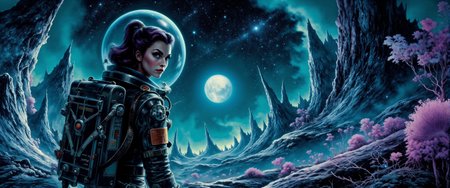 a female galactic explorer in a retrofuturistic astronaut suit is surveying a primordial distant world teeming with life and wonders, the focus is on the alien environment, bioluminescent flora glowing softly in vibrant hues of teal, purple, and cyan, massive, towering plants with translucent leaves reach into the night sky, casting an ethereal glow across the landscape, strange, otherworldly fungi emit a faint luminescence from the forest floor, delicate glowing spores float gently in the air, illuminating the thick, misty atmosphere, jagged alien rock formations rise in the distance, bathed in the soft glow of distant twin moons, the explorer, wearing a sleek spacesuit with a symmetrical elegant futuristic jetpack, looks over her shoulder, seemingly waiting for the viewer to follow, her silhouette partially illuminated by the ambient light of the flora, her figure dwarfed by the grandeur of the surreal landscape, mysterious bizarre extraterrestrial creatures watch from the shadows, the air is thick with an ancient, untouched magic, as if the world itself holds secrets of the universe, james webb space telescope, nebula in the sky, dark corners, <lora:james_webb_space_telescope-flux-by_motimalu:0.28> <lora:style-adventure_comic_book-flux-by_andreac75:0.8> <lora:style-dark_landscapes-flux-by_andreac75:0.36> <lora:image_enhancer-flux-by_dever:0.6>