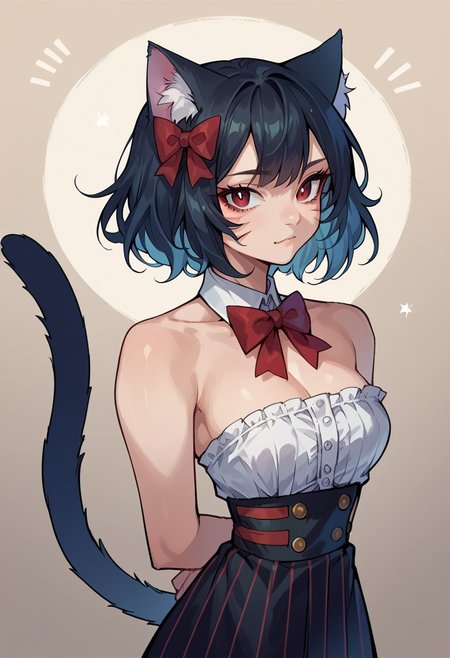 <lora:ExobeloStyle-000020:1>, score_9, score_8_up, score_7_up, source_anime, 
1girl, solo, catgirl, cat ears, long black hair, red eyes, cat tail, looking at viewer, hands behind back, medium breasts, bow tie