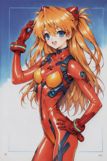 score_9,score_8_up,score_7_up,
1girl,long hair,plugsuit,bodysuit,souryuu asuka langley,pilot suit,bracer,blue eyes,smile,open mouth,breasts,bangs,turtleneck,solo,cowboy shot,:d,hair between eyes,gloves,red bodysuit,small breasts,looking at viewer,headgear,two side up,hand on hip,skinny,adjusting hair,narrow waist,standing,orange hair,science fiction,hand up,shiny clothes,hair ornament,happy,from side,shiny,skin tight,traditional media,
<lora:Ramiya Ryou_XL_PONY:0.9>,