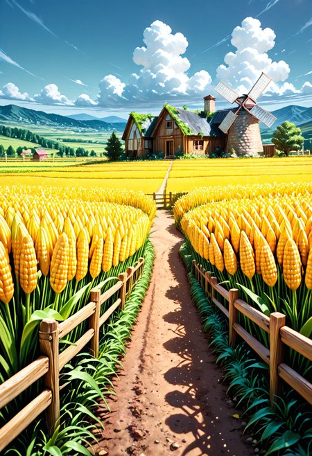 SmoothNoob_Quality,  no humans, blue sky, farm, corn field, summer, field, garden, windmill, hill, horizon, house, landscape, grass, outdoors, overgrown, scenery, sky, wooden fence  <lora:Smooth_Booster:0.5> <lora:SLE_v2:0.5>
