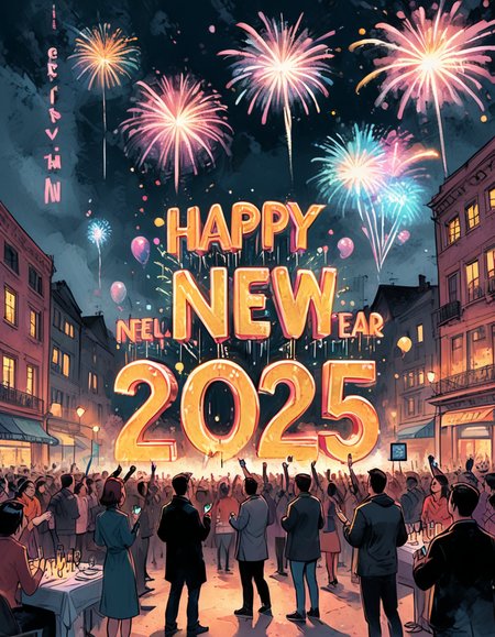positiv Clip L:
   ink, illustration, celebration scene, with fireworks lighting up the night sky in vivid colors, a cheerful crowd gathered in a festive urban square, people holding sparkling champagne glasses, 'Happy New Year 2025' displayed in glowing letters, a joyful and optimistic atmosphere, ultra-detailed comic book style, with dynamic lighting and a polished festive aesthetic.
positiv Clip G:
   ink, illustration, celebration scene, with fireworks lighting up the night sky in vivid colors, a cheerful crowd gathered in a festive urban square, people holding sparkling champagne glasses, 'Happy New Year 2025' displayed in glowing letters, a joyful and optimistic atmosphere, ultra-detailed comic book style, with dynamic lighting and a polished festive aesthetic.