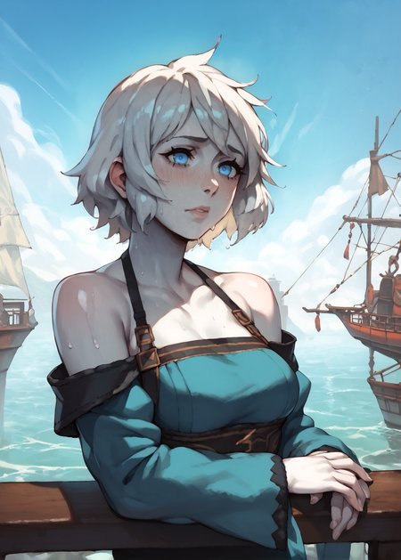 <lora:NAHIRI:1> nahiri, 1girl, solo, short hair, breasts, bare shoulders, white hair, colored skin <lora:RD-MAnon-XLV1.1:1>, fantasy,  cold weather, warm clothes, laying against ship railing, sky, wool trimming, white skin, blue eyes,, source_anime, score_9_up,  score_7_up, score_8_up