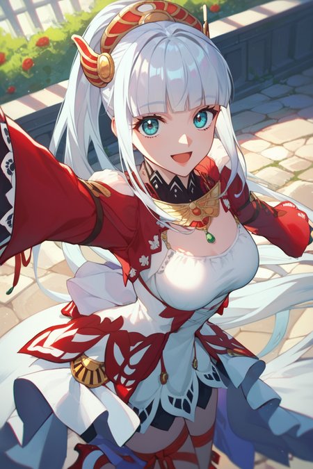 score_9, score_8_up, score_7_up, very aesthetic, source_anime, detailed, high quality, beautiful, masterpiece,
village, outdoor, daylight,
cowboy shot, upper body,  first person view, looking at viewer, close up, from above,
medium breasts, looking at viewer, both hands reaching out, smile, mouth open,
<lora:lailah_autismConfetti_v01:0.95>
lailah \(tales\), silver hair, very long hair, blunt bangs, sidelocks, ponytail, blue eyes, dress, leg ribbon, red high heels, long sleeves,, zPDXL