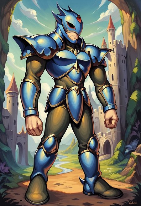 score_9_up, score_8_up, score_7_up, score_6_up, 1boy, solo, C3cil_H_OGDK, full body, helmet, armor, boots, shoulder armor, standing proudly, fantasy art, painted art, fantasy landscape, castle in background