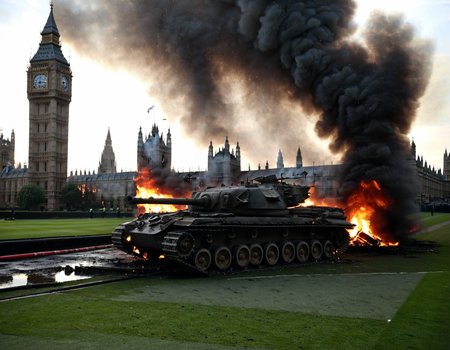 <lora:Check_Military:0.75> macro, detailed, realism, style, photograph
 <lora:Centurion_Tank_SDXL:0.8> cntrntnk militray tank, armored vehicle <lora:RoadWreck_Simulator_sdxl:0.5> 
from the final battle of london, a photo of the burning wreck of a british tank, in front of the houses of parliament, war-torn london,  in the early morning, surrounded by rubble, low angle view, smoke from fires and haze fills the air, the ground is wet from a light rain