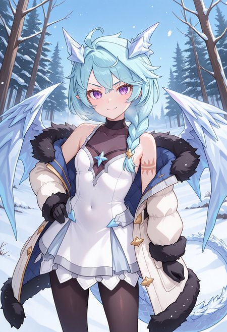 pcrsheffy, blue hair, long hair, braid, purple eyes, dragon tail, dragon horns, dragon wings, ahoge, arm tattoo, purple eyes, shefdef, coat, white coat, fur trim, white dress, covered collarbone, sleeveless, bare shoulders, black gloves, black pantyhose, snow, forest, blue sky, standing, smile, looking at viewer, v-shaped eyebrows,<lora:_sheffy_pcr-elesico-ilxl-v11A-15:1> highres, best quality, masterpiece, 
1girl, solo,
