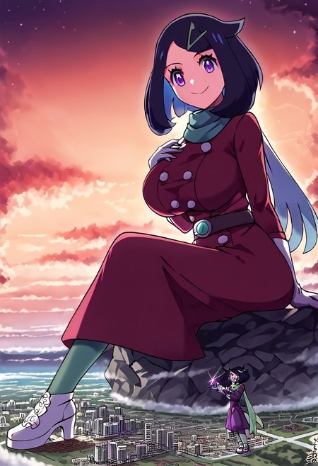 gorgeous lips, cinematic, (masterpiece), (best quality), (ultra-detailed), very aesthetic, perfect composition, intricate details, absurdres, detailed face, (anime, masterpiece, intricate:1.3), (best quality, hires textures, high detail:1.2), score_9, score_8_up, score_7_up, source_anime, 1girl, liko \(pokemon\), very long hair, black hair, blue highlights, purple eyes, eyelashes, hair ornament, scarf, dress, purple dress, long sleeves, buttons, gloves, white gloves, belt, pantyhose, green pantyhose, laced heels, white footwear, skirt, flower patterns, alternate_costume, butterflies, massive breasts, facial expression, kind, soft eyes, head tilt, slightly smiling, closed mouth, hand on breasts, breasts covered, goddess, planet size, giantess, enormous body, growing even bigger, larger than cities, towering over cities, small planet, sitting on a rock, floating object, gradient eyes, beautiful detailed eyes, city background, city, building, skyscrapers, in the city, holding planet, (masterpiece:1.4), (best quality:1.4), (ultra-detailed:1.2), gl0w, glow,