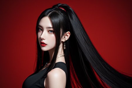 highly insanely detailed, masterpiece, top quality, best quality, highres, 4k, 8k, RAW photo, (very aesthetic, beautiful and aesthetic),  
beth_\(megami_tensei\),bethsmtii,shin megami tensei ii,long hair,black hair,straight hair,sleek black,jewelry,cross,headband,red_lipstick,katana,sword, 
<lora:zs_Beth:0>, 
(1girl:1.3), 1other, 
rich red background,âââ
