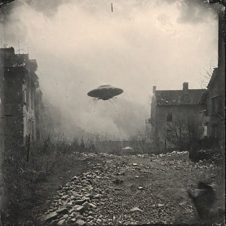 B&W 35mm vintage photo of a UFO in a WW2 picture, destroyed city backdrop