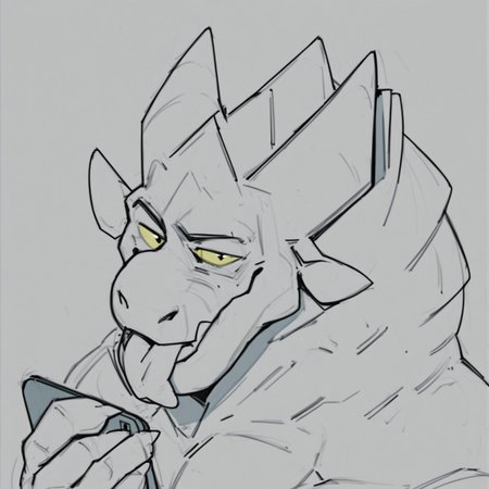 safe_pos, zPDXL3,rating_explicit, source_furry, digital media \(artwork\), masterpiece, high quality, best quality,BREAK,dragon, looking at viewer, , muscle,(monochrome:1.4), (sketch:1.2), (yellow sclera:1.2), headshot phone,ears, (blush:0.5), tongue out 