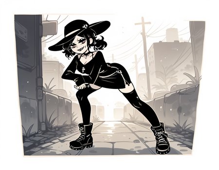 (score_9,score_8_up,score_7_up:1), 1girl, full body, Hitchcock, horror, naturalism, natural lighting, smug, (goth, (black lipstick, black mascara, black eyeshadow)), (skinny), black hair blonde highlights, short hair, choker, eyeshadow)), (pearly white rough skin), Large Breasts, perky, (in combat action), dusty private pool, ((black sunhat, black stockings, black skirt, black top, zipper boots), <lora:The_Coffin_of_Andy_and_Leyley_Game_Artstyle_PonyXL:1>