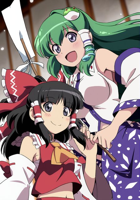 masterpiece,best quality,<lora:tgm-noob05:1>,anime coloring,
multiple girls,kochiya sanae,gohei,2girls,hakurei reimu,skirt,green hair,detached sleeves,hair tubes,hair ornament,long hair,black hair,bow,ascot,breasts,hair bow,snake hair ornament,smile,frog hair ornament,open mouth,shirt,cover,red skirt,navel,frills,frilled skirt,red bow,large breasts,blue skirt,purple eyes,nontraditional miko,ribbon trim,wide sleeves,ribbon-trimmed sleeves,blush,midriff,black eyes,holding,yellow ascot,looking at viewer,collared shirt,bangs,closed mouth,red shirt,sidelocks,white shirt,bare shoulders,skirt set,sleeveless shirt,sparkle,medium breasts,long sleeves,ribbon,japanese clothes,grey eyes,blue eyes,