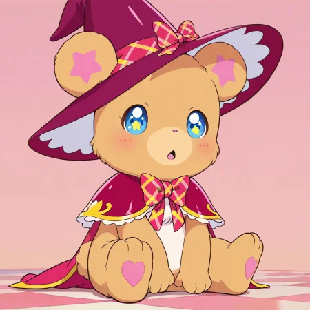 masterpiece, best quality, absurdres, very aesthetic, general,
mofurun \(mahou girls precure!\), no humans, witch hat, blue eyes, solo, sitting, magic school uniform, open mouth, capelet, hat bow, simple background, full body, looking at viewer, blush, star in eye, plaid bow, pink bow, red headwear, symbol in eye, bowtie, pink neckwear, pink background, :o, red capelet, hatted pokemon, animal ears, checkered floor, + +, tail, checkered bow, 1other, teddy bear, star-shaped pupils, red bow, cape, symbol-shaped pupils, sparkling eyes, pink capelet, pink cape, brown background, smile, hat ribbon, chestnut mouth, furry, pink ribbon, animal focus, plaid neckwear, purple headwear, red neckwear, pastel colors, frills, triangle mouth, bear costume, on floor, glowing, clothed animal
<lora:mahoutsukai_precure_all_in_one_illustXL_locon_v1:0.7>