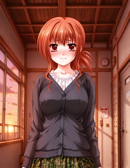 (1girl, solo:1.3), (2girls, 3girls, 4girls, multiple girls, 2boys, 3boys, 4boys, multiple boys:-1.5) <lora:Kazuyagi_Akane_Gore_Screaming_Show_Illustrious:0.9>, Kazuyagi_Akane, large breasts, red eyes, brown eyes, brown hair, long hair, low ponytail, cardigan, black cardigan, long sleeves, blouse, white blouse, green skirt, camouflage, white legwear, embarrassed, (half-closed eyes:0.7), general, contrapposto, dynamic pose, , upper body, straight-on, from below, dutch angle, (close-up, face focus:1.2), indoors, school, school hallway, corridor, lockers, window, outdoor view, (curtains:-1.0), <lora:NOOB_EPSv1_1_detailer_by_vlnvk_v1_0:1.5>, (photo background:0.7), evening, (tachibana yuu:0.6), inue shinsuke, (kazuma muramasa:0.0), saikawa yusa, (aoi manabu:0.6), abarerumidori, (suzui narumi:0.6), masterpiece, newest, absurdres, 8K, anime screenshot, anime coloring, flat color, official art, film grain, <lora:illustriousXLv01_stabilizer_v1.185c:0.7>, <lora:LECO_Solo:-4.0>,