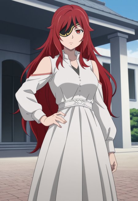 1girl,solo,mm,mature female,red hair,long hair,eyepatch,red eyes,anime coloring,
dress,looking at viewer, hand on own hip, outdoors
,masterpiece,best quality,amazing quality,<lora:Hwaryun-Tower_of_God_r1:0.8>