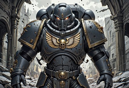 Warhammer 40k Mark X Power Armor Primaris Marines towering over a chaos and desolate battlefield, detail background, straight on angle shot, Full body shot, closed-up, ultra-realistic 32k resolution, official art styled digital painting, intricate armor engravings catching realistic lighting, film grain texture overlay, reversal film effect, high quality, detailed realistic background with scattered futuristic debris, shadowed craters, misty atmosphere, cinematic.