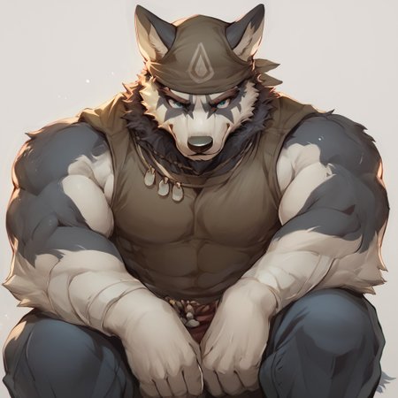 score_9, score_8_up, score_7_up, Volga, Dog boy, furry, solo, blue eyes, 1boy, bandana, sitting, <lora:Volga:1.0>
