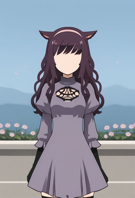 MinimalStyle, simple, faceless female, beautiful, extremely detailed, vector, headshot,  no2 type b dress, source_anime, newest, 1girl, solo, dress, thighhighs, outdoors, cat ears, miqo'te, purple hair, curly hair, long hair, hairband,  puffy sleeves, purple dress, standing, portrait,  gloves, BREAK PonyXLV6_Scores