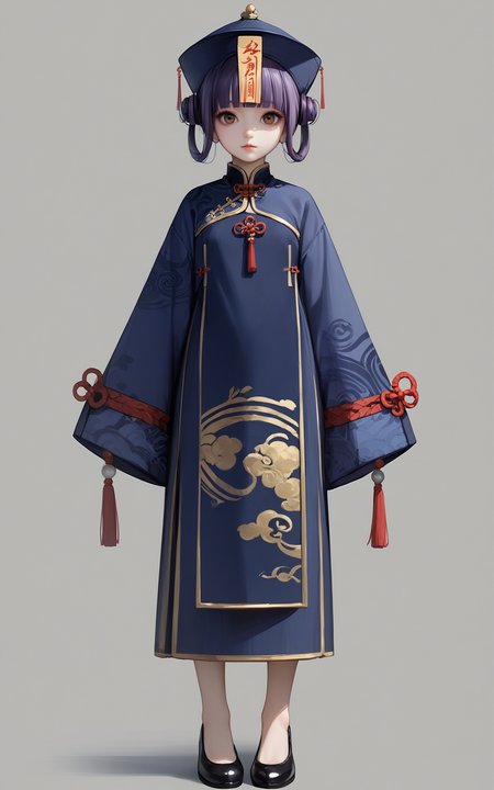 score_9,score_8_up,score_7_up,
<lora:jiangshiPony:1>,
jiangshi,1girl,solo,purple hair,full body,simple background,grey background,looking at viewer,ofuda,hat,dress,hair rings,brown eyes,bangs,chinese clothes,sleeves past wrists,blunt bangs,long sleeves,short hair,standing,frills,black footwear,