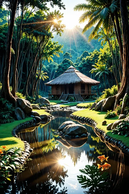 photo, photography, Fujifilm XT3 Viltrox, ((very detailed)), sharp focus, sharp background,  best quality, beautiful landscape, rainforest, jungle, sacred earth, stream, water ripples reflections, (small river pond), rainforest, hut, tribal amazon village, stunning nature environment, (bright sunny sky), high contrast, cinematic (lights), backlight, shadows, lens flare, vibrant colors, colorful, Goldfish Orange flowers and leaves,  <lora:add-detail-xl:1>  <lora:Better Blur Control:1>