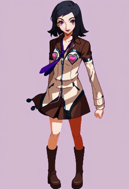 score_9, score_8_up, score_7_up, source_anime, BREAK, solo, 1girl, smile, looking at viewer, <lora:Under-Night-In-Birth-Sprites-pdxl_Fp:1>, simple background, full body, standing, <lora:zs_MayaXL:1>, mayap2, medium hair, black hair, purple eyes, lipstick, jacket, hearts, blue necktie, skirt, brown knee boots,