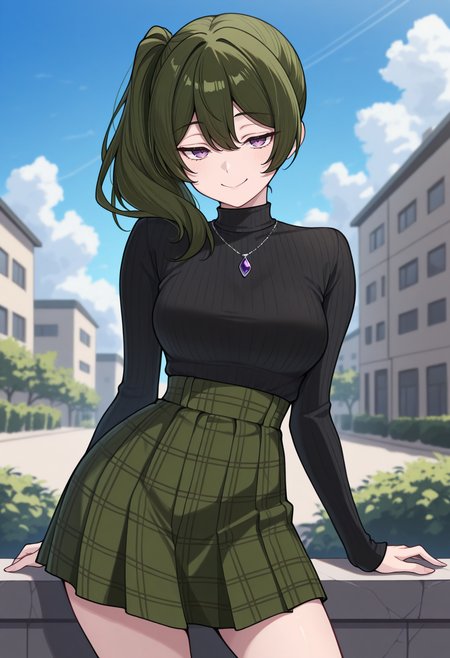 masterpiece, best quality, 1girl, solo, Ch4mUbel, purple eyes, dark green hair, medium hair, side ponytail, black sweater, turtleneck, necklace, high-waist skirt, green skirt, plaid skirt, looking at viewer, smile, contrapposto, outdoors, <lora:ChamUbelIllustriousXL:1>