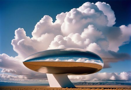 mobius, starkicker  , retrofuturism, scifi , cumulus clouds  ,california art deco , leica f1.4 summilux , velvia 200 film , 1979