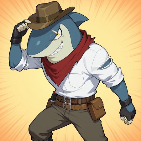 Indyjaws, 2d, 1boy, solo, male, shark, blue skin, shark fin, sharp teeth, two tone skin, eye scar, white sclera, yellow eyes, cowboy hat, black fingerless gloves, red neckerchief, white shirt, black boots, pants, brown belt, 

BREAK Yellow Abstract background, cool pose, (upper body focus), smirk, looking at viewer, best quality, amazing quality, very aesthetic, absurdres, newest, masterpiece 