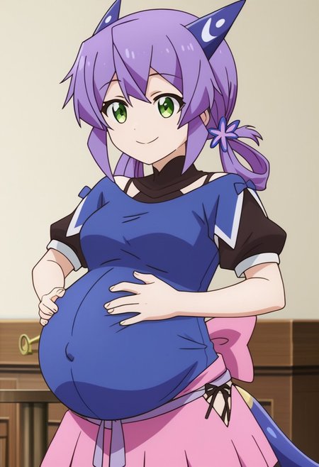 best quality, masterpiece, 4k, perfect lighting, very aesthetic, anime, anime coloring, official art, anime screencap, bedroom, (large pregnant belly:1.3), happy, smile, (hands on belly:1.5),
flatorte, purple_hair, hair_ornament, green_eyes, horns, long_hair, short_sleeves, (blue shirt:1.5), twintails, skirt, tail
(pregnancy clothes:1.5), (covered belly:1.5)
standing, full body