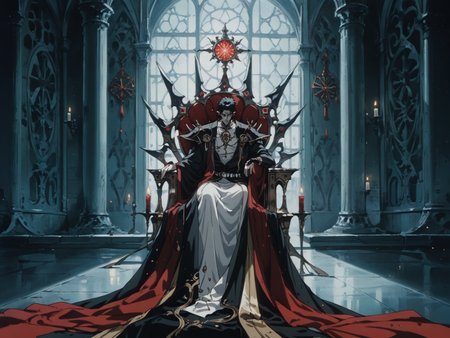adult man, male focus, elf, short black hair, red eyes, pale skin body, sitting on throne, dark throne room, bard outfit, solo, indoors, night, <lora:ScrollD:0.8>, score_9, score_8_up, score_7_up, zPDXL3