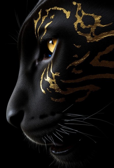 The extreme macro photo captures a fearsome black panther's left eye, bathed in a dark and inky contrast. Its piercing pure gold eyes and sharp teeth are visible in the background. The panther's dark fur, matted and messy around the eye due to the spray paint, contrasts dramatically with the metallic gold markings that adorn its face, particularly around and over the eye, resembling scales or armor. The spray paint gives the markings a wet, messy appearance. The photo is highly detailed and intricate.
 perfection style,mad-cybranmls