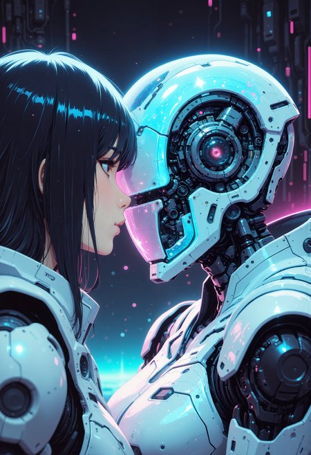 portrait, 
eye contact with an elegant cyborg robot, white and neon ceramic material, full transparent glass head with mechanical parts, Sci-fi anime movie (style by George Shaw), shallow depth of field, vignette,
