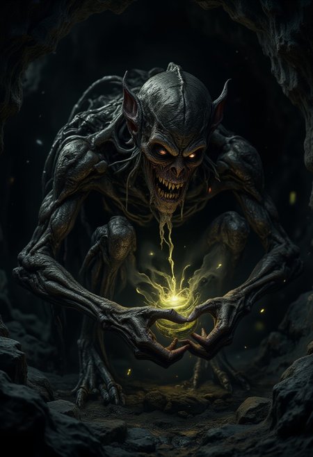 horror show, monster, nightmare, fear, Cinematic style
play of shadow and light, Beauty,
"A hyper-realistic, dark fantasy scene featuring a grotesque, twisted creature with large, bulging eyes, sharp teeth, and thin, frail limbs. The creature is crouched in a dimly lit cave, intensely gazing at a glowing, mystical ring it holds in its bony hands. The light from the ring illuminates the creature's face, casting eerie shadows and emphasizing its desperate, possessive expression. The environment is dark and rocky, with a sense of claustrophobia. The creature's skin is wet and glistening, adding to its unsettling, almost feral appearance."