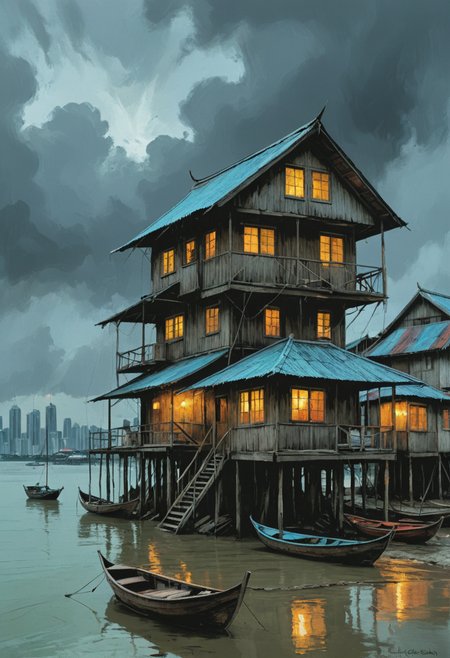 (((Swathed in the embrace of an immanent twilight, the sprawling metropolis of Kuala Lumpur stood in sharp relief against a brooding sky. Neon lights flickered and whirred, casting their ethereal glow upon cobbled streets lined with lithe cafe's huddled together like lantern-lit boats rocking upon the waves of a stormy sea. At the beating heart of it all was an intricately woven network of fragile wooden stilt houses, the humble abodes of the last vestiges of a village that had once stood tall and proud upon the shores of this sprawling metropolis.))), ((Beautiful painting, brush strokes, digital art, extremely detailed illustration, cinematic, vast, epic, incredible perspective, breathtaking, awe-inspiring))
