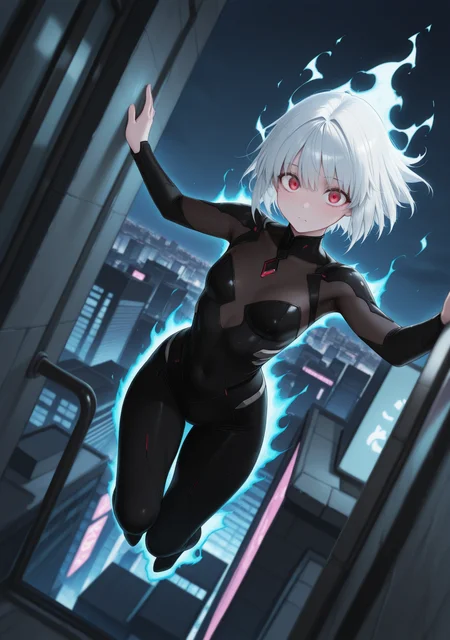 masterpiece,best quality,amazing quality,<lora:Tommustyle_r1:1>,tommu,building,city,
1girl,white hair,floating,falling,looking at viewer,aura,dutch angle,