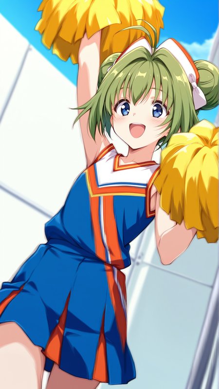 source_anime, general, best quality, masterpiece, 1girl,  <lora:mihiro_w_ill:1> mihiro\(srw\),blue eyes, green hair, short hair, hair bun, double bun, ahoge,antenna hair ,flat chest,hat,cheerleader, happy, embarrassed,  dynamic pose, dutch angle,