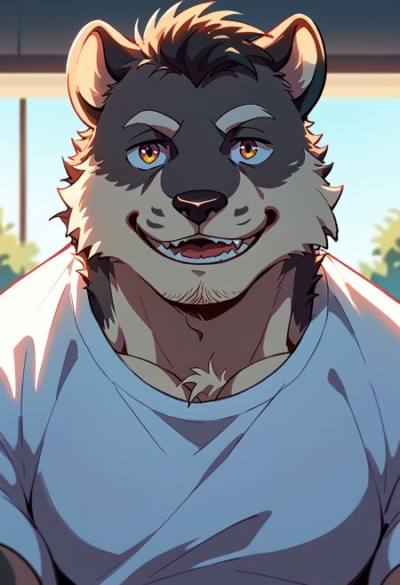 score_9, score_8_up, score_7_up, high quality, hires, by fruitz, furry, furry male, 1boy, solo, shirt, smile, bara, seductive, looking at viewer, <lora:Fruitz_style:1.2>