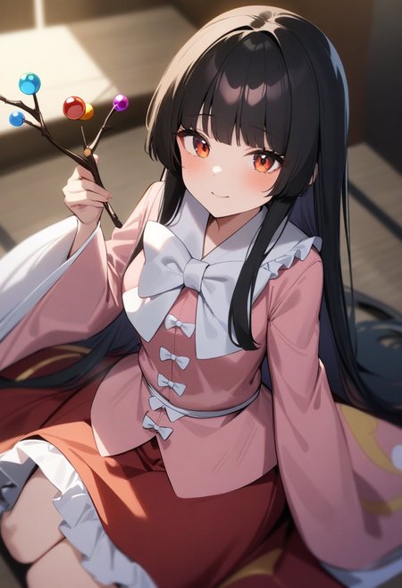 masterpiece,best quality,very aesthetic,absurdres,<lora:houraisan_kaguya:1>,1girl, houraisan_kaguya, long_sleeves, pink_shirt, wide_sleeves, red_skirt, white_bowtie, sidelocks, long_skirt, jeweled_branch_of_hourai